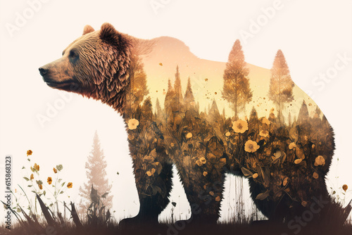 Double exposure of abrown bear and flora created with generative AI technology photo