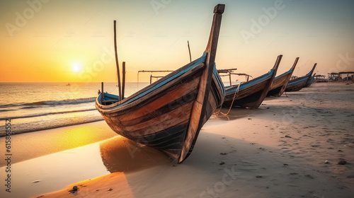 A group of boats sitting on top of a beach next to the ocean at sunset. Generative AI