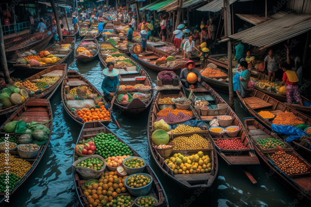 Naklejka premium Fruit and vegetable market on boats in Thailand. Generative AI.