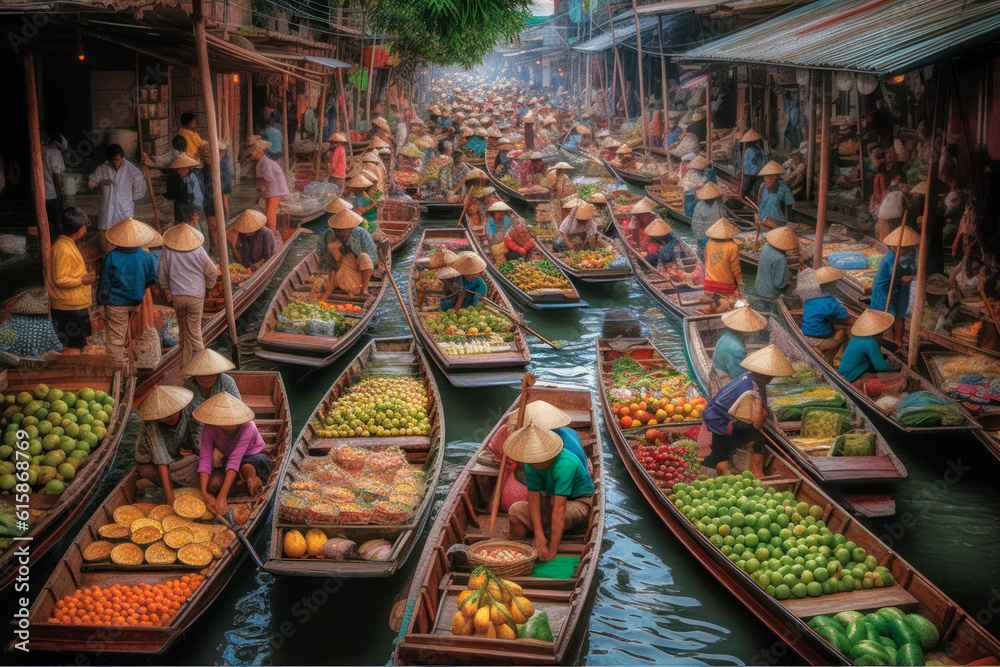 Fruit and vegetable market on boats in Thailand. Generative AI. - obrazy, fototapety, plakaty 