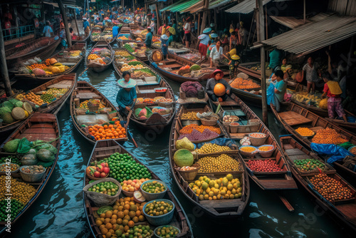 Photo Fruit and vegetable market on boats in Thailand. Generative AI.