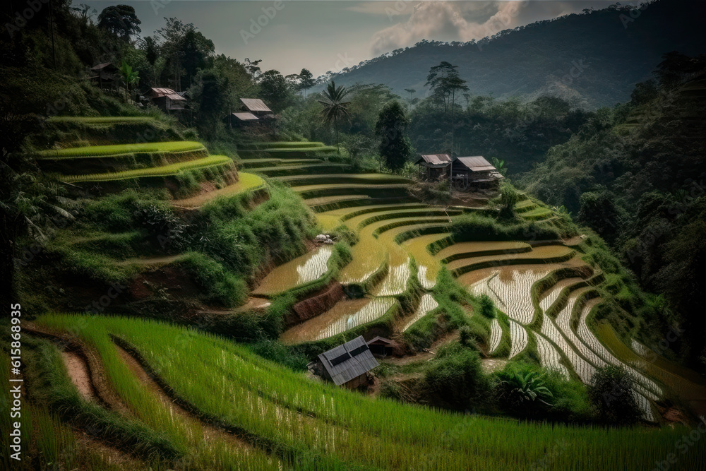 Rice paddy plantation in the fields of Thailand. Generative AI.