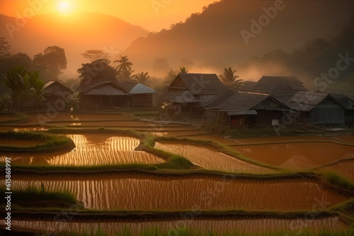 Vietnamese terraced rice fields at sunset. Generative AI.