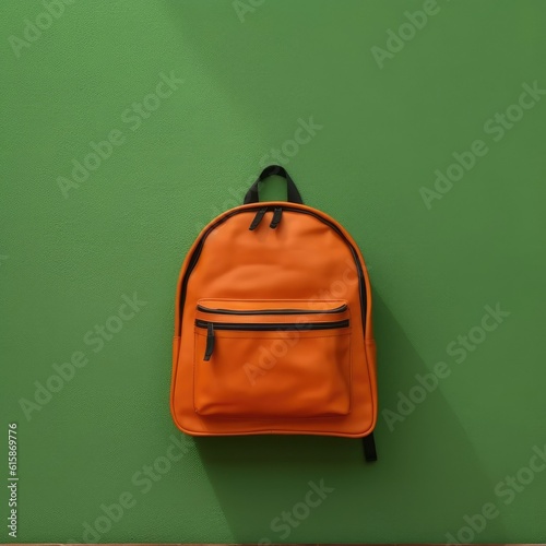 image of an orange school backpack on a green background,generative ai