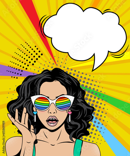 Pop art shocked girl rainbow LGBT concept surprised beautiful woman with glasses banner template comic background