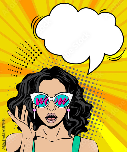 Pop art shocked girl illustration surprised woman wow sale summer banner template comic concept style