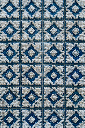 A blue and withe tile pattern of Oporto, Portugal