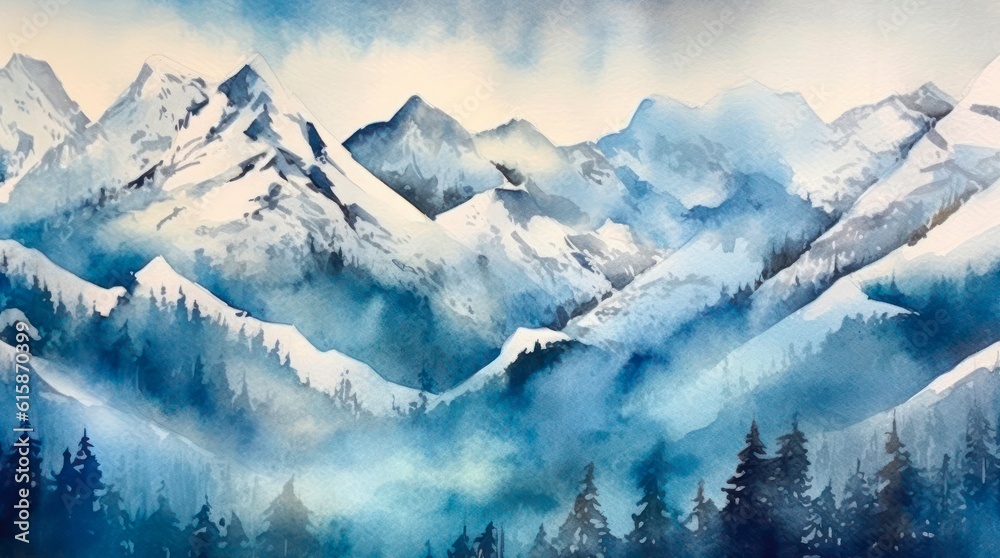 Fototapeta premium Winter landscape with snow-capped mountains. Generative AI.
