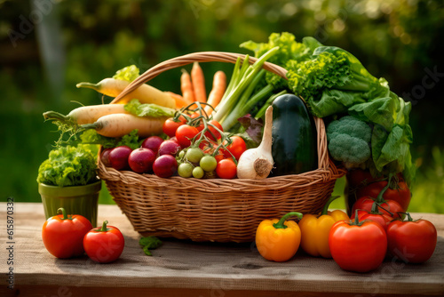 Basket of vegetables on a wooden table in the organic garden. Generative AI.