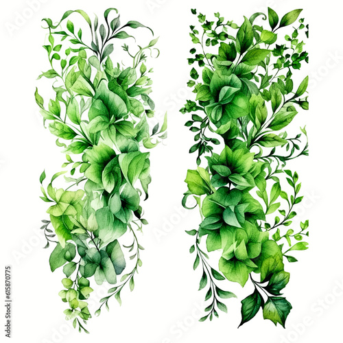 Green vine climbing plant with green leaf set, flat vector illustration isolated on white background. Green vines plant decorative