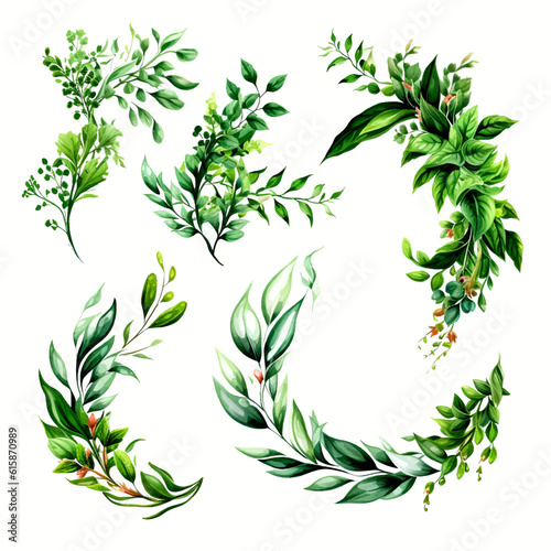 Green vine climbing plant with green leaf set, flat vector illustration isolated on white background. Green vines plant decorative