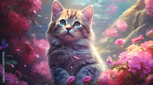 A beautiful and cute image of a cat in the middle of flowers © Victor Bailiot