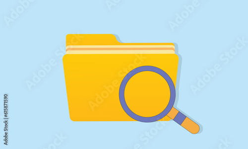 Yellow Folder with Magnifier. File storage concept. Search for archival documents. Data management. Database. Searching info.vector on blue background