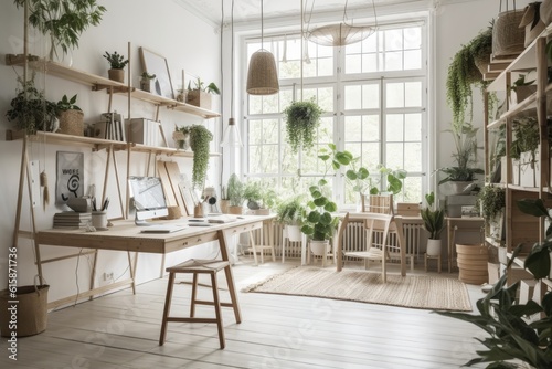 Open concept, stylish Scandinavian home with lots of plants, design accents, a bamboo shelf, a wooden desk, and mock up drawings of forests hanging from the ceiling. Home decor with a botany theme. br © Lasvu