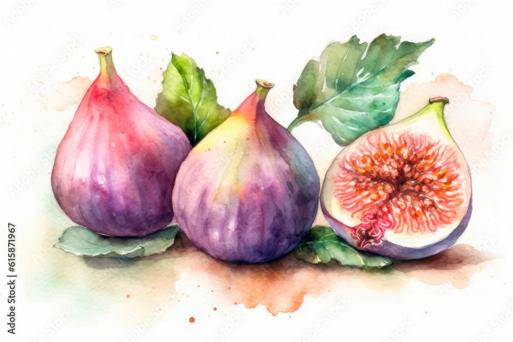 Obraz premium Watercolor painting of some figs on a white background. Generative AI.