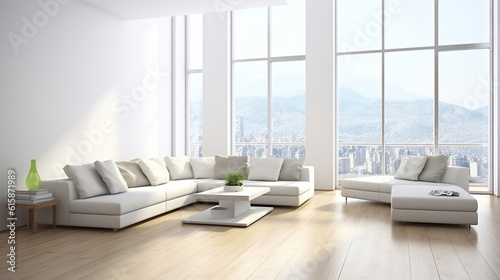 Embracing White Modern Interior with Panoramic Windows and a Cozy Corner Sofa. Generative AI