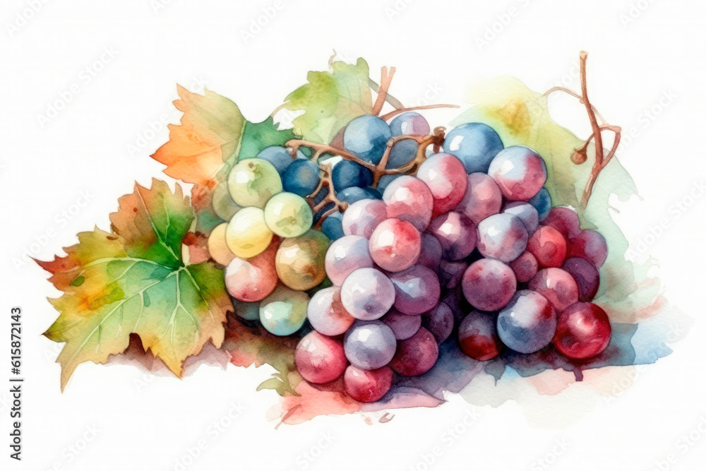 Obraz premium Watercolor painting of some grapes on a white background. Generative AI.