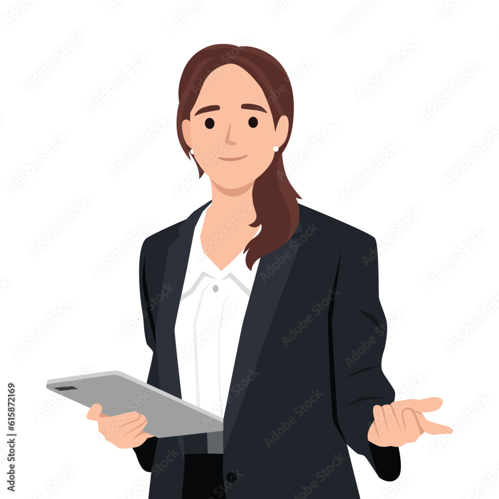 Illustration of young woman company worker smiling and holding digital tablet standing. Flat vector illustration isolated on white background Illustration of young woman company worker smiling and holding digital tablet standing. Flat vector illustration isolated on white background