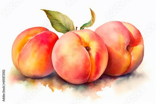 Watercolor painting of some peaches on a white background. Generative AI.