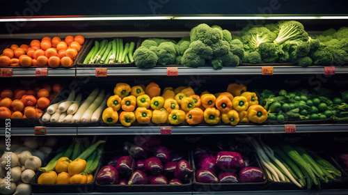 Fresh Fruits and Vegetables Filling Supermarket Shelves. Generative AI