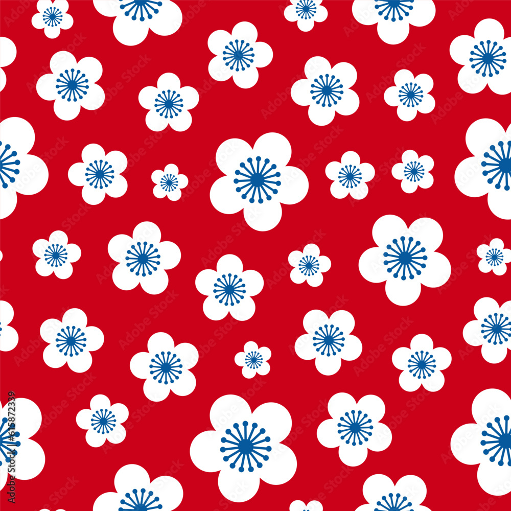 Seamless pattern with white Sakura flowers. Vector floral print with red background. Seamless pattern with white Sakura flowers. Vector floral print with red background.