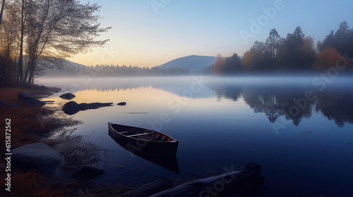 Quiet lake before dawn in the mist. Generative AI © Gasspoll
