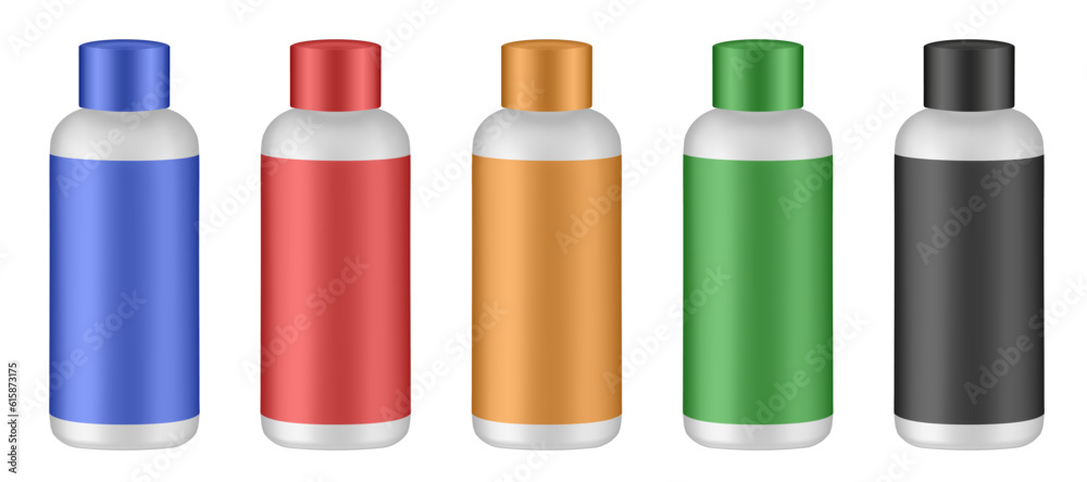 Set of cosmetic bottles with label and cap. Gold, green, black, red and blue bottles. Hair dye, oxydant cream, shampoo, shower gel or body lotion Set of cosmetic bottles with label and cap. Gold, green, black, red and blue bottles. Hair dye, oxydant cream, shampoo, shower gel or body lotion
