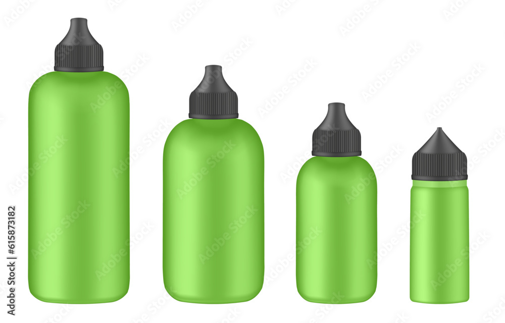 Set of green squeeze bottles. Colorful hair dye, oxidant cream. E-juice vape liquid. Foundation container Set of green squeeze bottles. Colorful hair dye, oxidant cream. E-juice vape liquid. Foundation container