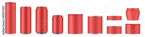 Set of red tin cans and jars. Coffee or tea canister. Tin can for preserves or pet food. Beer, cocktail or soda can. Chips tube. Cookie jar. Round box for sugar or flour
