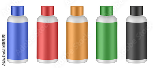 Set of cosmetic bottles with label and cap. Gold, green, black, red and blue bottles. Hair dye, oxydant cream, shampoo, shower gel or body lotion