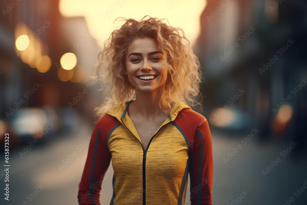 girl wearing sports outfit smiling in the city