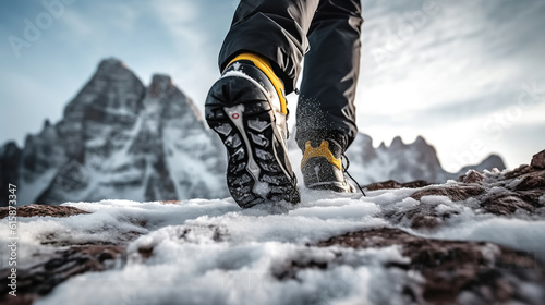 Footprints in the Snow, Sneaker Climber Ventures Up a Majestic Winter Peak. Generative AI