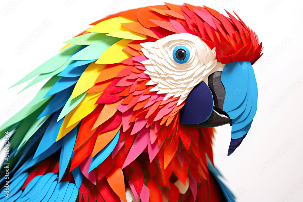 Obraz premium Closeup of thick paper cut of the colorful parrot head by AI generative isolated on the white background. Generative AI illustration.