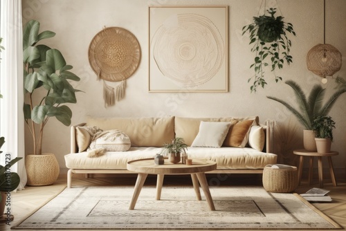 Scandinavian boho style living room with sofa, table, and accessories. mockup of a beige wall with greenery in the backdrop. illustration. Generative AI