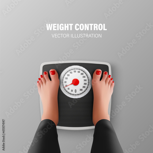 Vector 3d Realistic Bathroom Scales and Female Feet in Top View. Weight Control Concept Banner with Bathroom Body Weight Scales, Classic Retro Bathroom Floor Scale