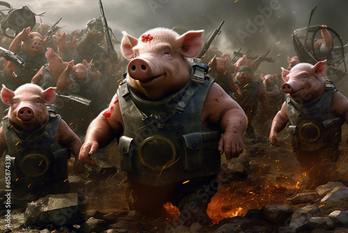 Pig soldier in battle Ai generated photo
