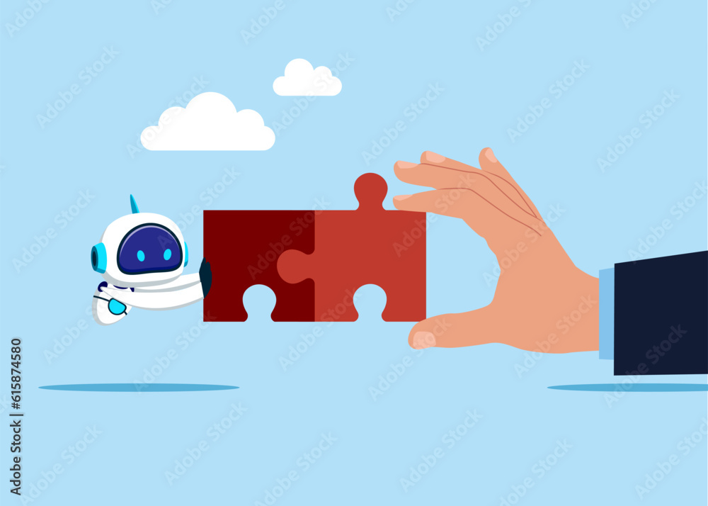 Robot and hand human pushing two jigsaw puzzle elements. Symbol ...