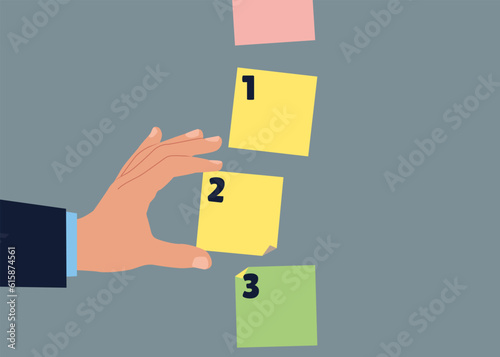 Businessman manage to prioritize sticky note with number. Arrange to do list before and after, task management. Flat vector illustration