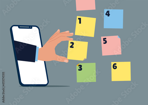 Entrepreneur manage to prioritize sticky note with number over the internet. Arrange to do list before and after, task management. Flat vector illustration