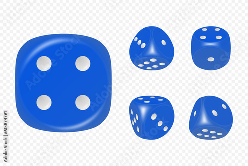 Vector 3d Realistic Blue Game Dice with White Dots Set in Different Positions Isolated. Gambling Games Design  Casino  Poker  Tabletop  Board Games. Realistic Cubes with Random Numbers  Rounded Edges