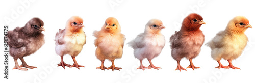 Fotografering Photo of a group of small kid chickens standing in a line, isolated, transparent