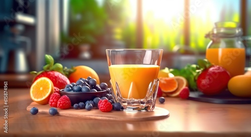 Fruit orange juice and berry with salads dish breakfast on the wooden table, Generative AI