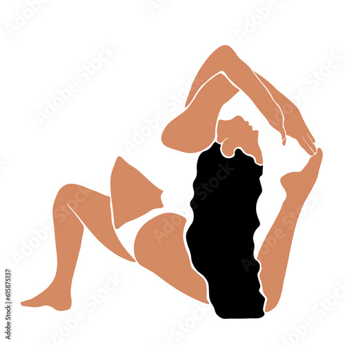 The pose of a girl who does yoga, stretching. Vector illustration in flat design on a white background.