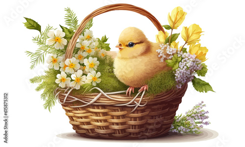 A basket of flowers with a chicken in it. Yellow chicken in a wicker basket. Vector flat illustration