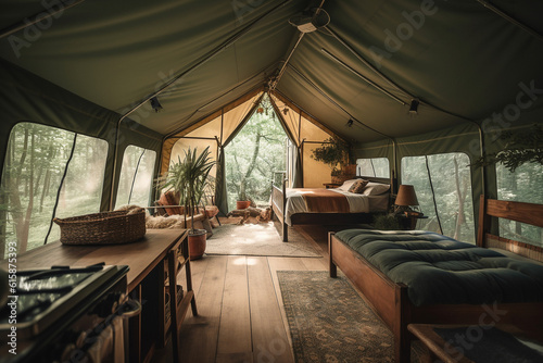 Minimalist camping tent interior setup TROPICAL style. Centered perspective. Interior Design