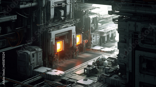 Factory Manufacturing Building Futuristic 3D Sci fi Science Fiction Industrial Robot Technology Production Cyberpunk Generative AI Revolution Age 