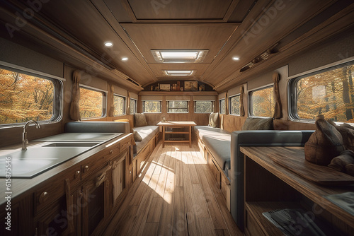 Minimalist motor home All wood material palette. Centered perspective. Interior Design