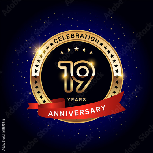 19th anniversary logo with gold numbers and red ribbon, vector template