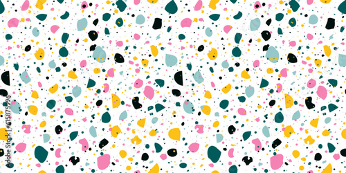 Abstract horizontal background with terrazzo seamless pattern. Random colorful small pieces on white backdrop. Hand drawn trendy vector illustrations. Creative funny collage