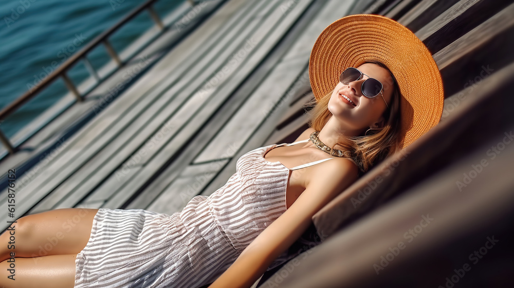 Woman Unwinding on a Wooden Pier under the Sunny Beach Sky. Generative AI